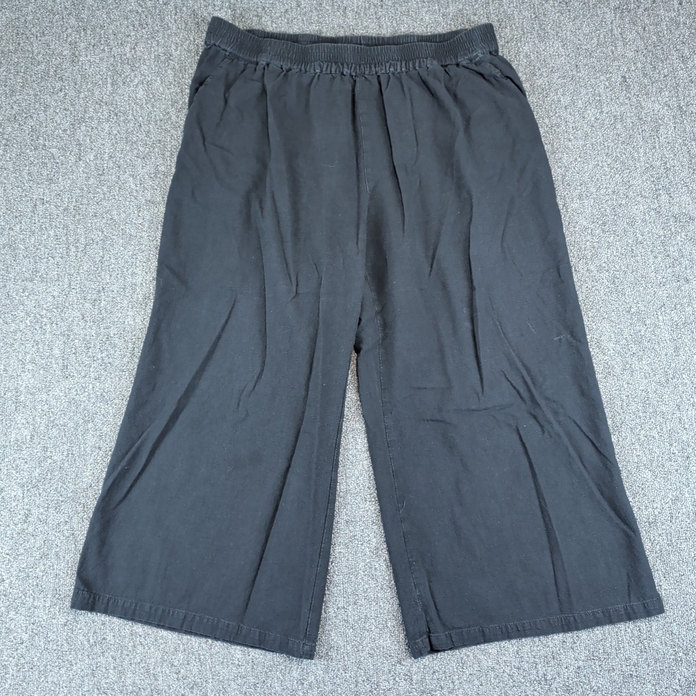 ECUPPER Lagenlook Wide Leg Cropped Pants Women 3XL Black Cotton Elastic Waist